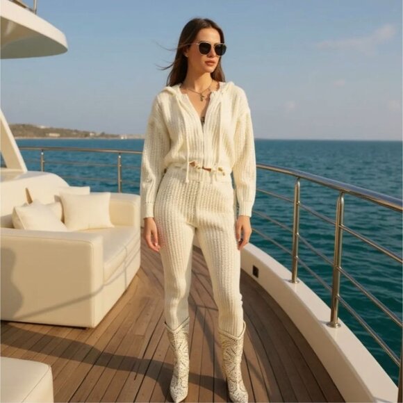 Vanilla Tough Cookie Knit Leggings Set w/ Hoodie Cardigan & Drawstring Waist S - Picture 3 of 4